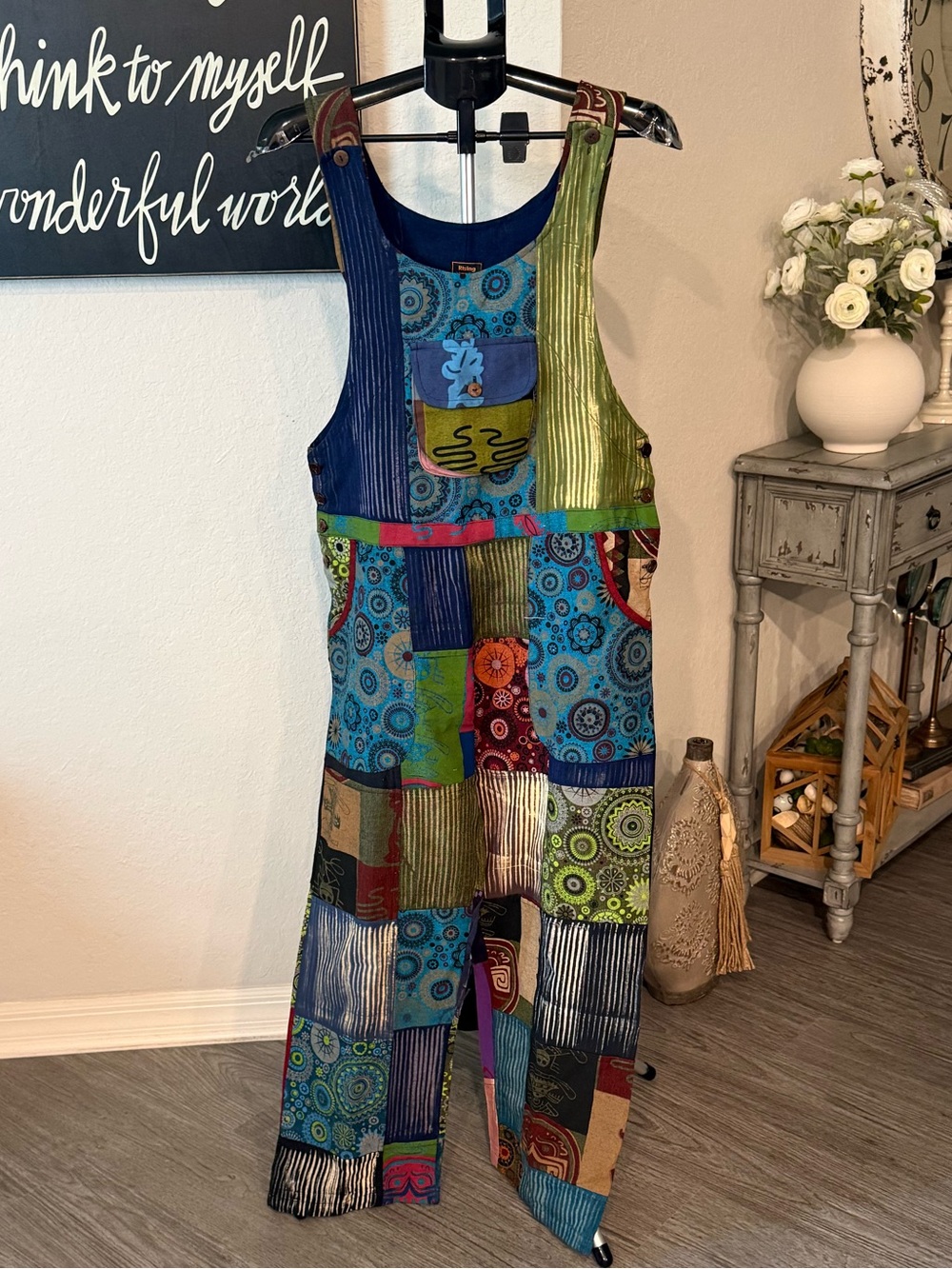 Rising International Multicolor Patchwork Overalls Blue, Green & Teal NWOT
